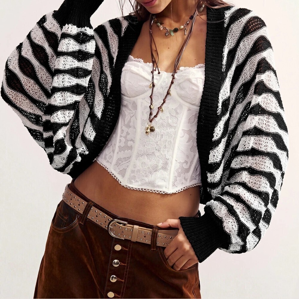 Black White Zebra Print Open Front Crochet Knit Oversized Crop Cardigan